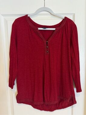 Lucky Brand Women's Burgundy Henley with Crochet Trim